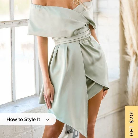 Lulu’s Always Celebrating Sage Green Satin Off-the-Shoulder Mini Dress - Picture 7 of 11
